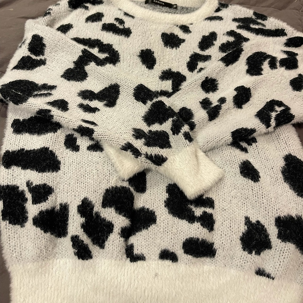 Cow print fuzzy sweater